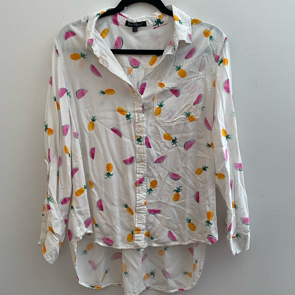 🍍 Velvet Heart white fruit Print Button Down Shirt 🍉 Sheer Long Sleeve Blouse